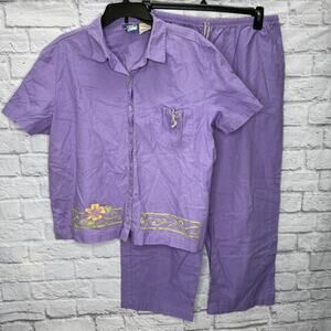 Vintage Blue Fin Linen Set XL Purple Floral Painted Capri Pants Short Sleeve Top